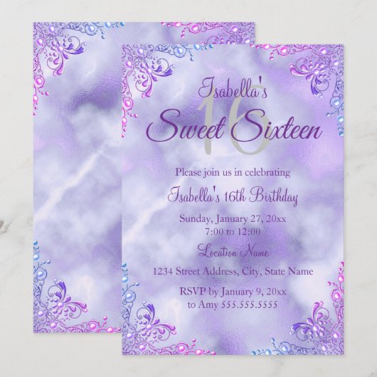Invitation Douce 16 Lilas Violet Perle Argent Damassé (Devant / Derrière)