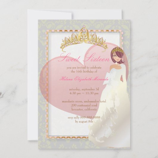 Invitation Douce 16/ princesse + damas cardiaque (Dos)