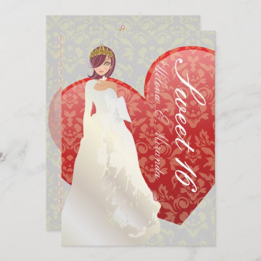 Invitation Douce 16/ princesse + damas cardiaque (Devant / Derrière)