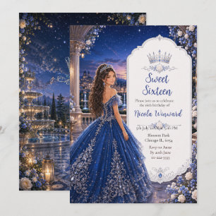 Invitation Douce 16 Princesse Jardin Bleu Minuit