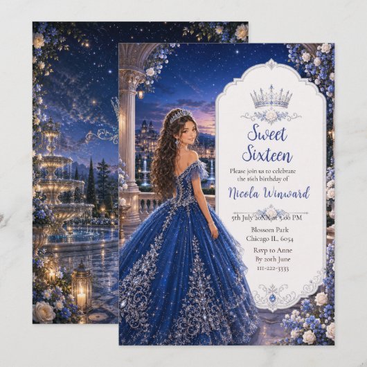 Invitation Douce 16 Princesse Jardin Bleu Minuit (Devant / Derrière)