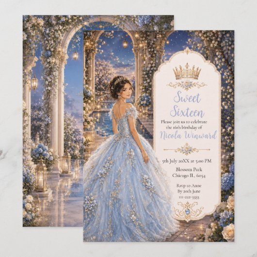 Invitation Douce 16 Princesse Jardin Bleu Poudre (Devant / Derrière)
