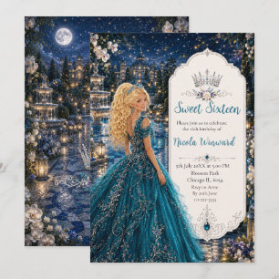 Invitation Douce 16 Princesse Jardin Bleu Turquoise