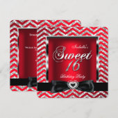 Invitation Douce 16 Royale Rouge Chevron Rayure Argent Noir (Devant / Derrière)