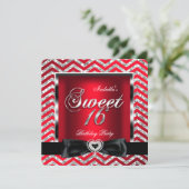 Invitation Douce 16 Royale Rouge Chevron Rayure Argent Noir (Debout devant)