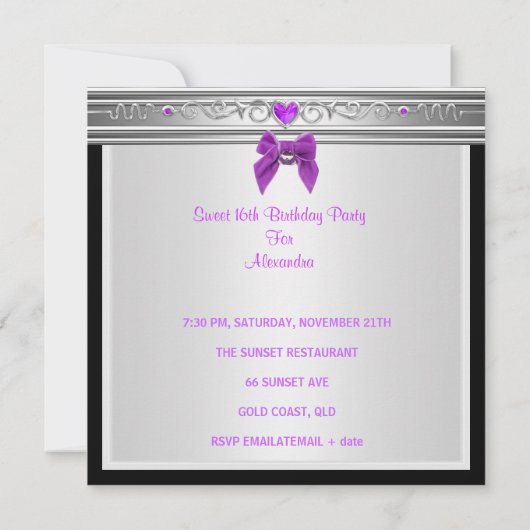 Invitation Douce 16 Seize Anniversaire Blanc Noir Violet Bow (Dos)