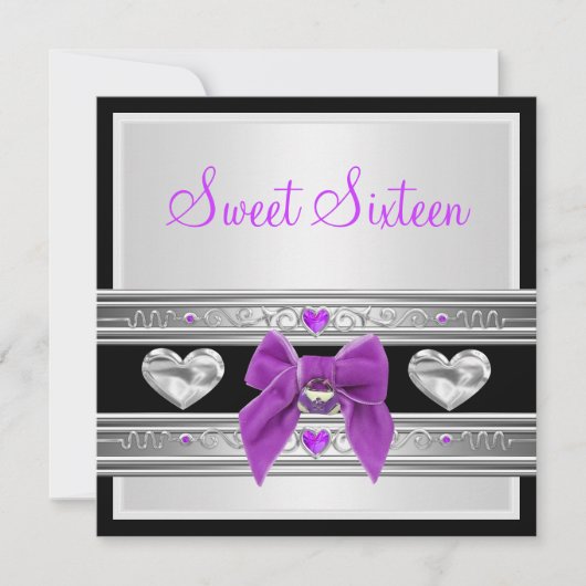 Invitation Douce 16 Seize Anniversaire Blanc Noir Violet Bow (Devant)