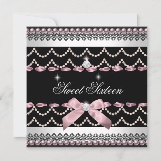 Invitation Douce 16 Seize Ans Blanc Rose Noir (Devant)