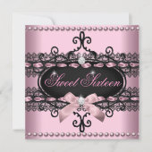 Invitation Douce 16 Seize Ans Rose Noir Dentelle Perle (Devant)