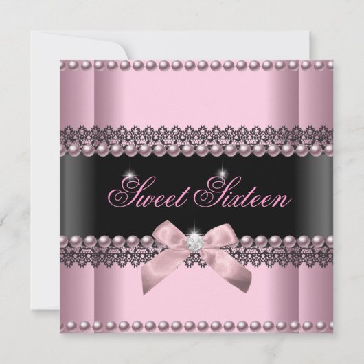 Invitation Douce 16 Seize Ans Rose Noir Dentelle Perle (Devant)