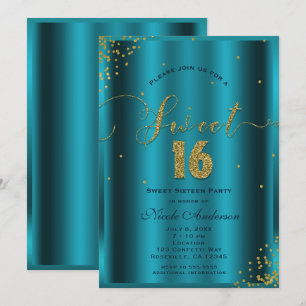 Invitation Douce 16 Seize coins de confettis bleu aqua et or