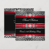 Invitation Douce 16 Seize Léopard Rouge Noir Diamant 2 (Devant / Derrière)