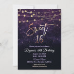 Invitation Douce 16 Seize Lumières à étincelles pourpre et or<br><div class="desc">Sweet 16 Seteen Purple & Gold Sparkle Lights Party</div>
