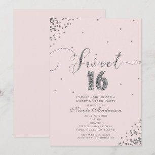 Invitation Douce 16 Seize Rose Pâle Argent Confetti Coin