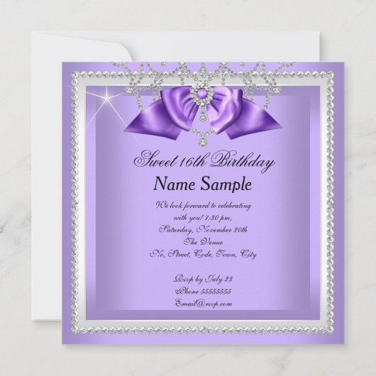 Invitation Douce 16 Seize Violet Blanc Diamant Party 2F (Dos)