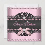 Invitation Douce 16 Sweet sixteen rose noir dentelle Bow (Devant)
