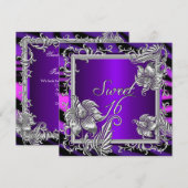 Invitation Douce 16 Violet Rose Chaud Argent Douce Seize Ans (Devant / Derrière)