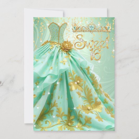 Invitation Douce 16e anniversaire Mint Green Gold robe (Devant)