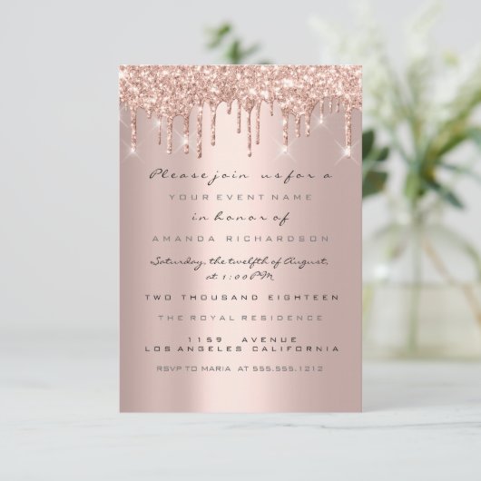 Invitation Douce 16e anniversaire Rose de fête Drips Coeurs É (Debout devant)