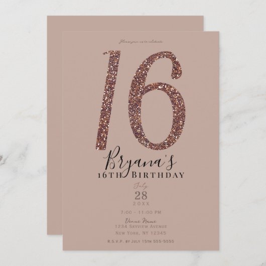 Invitation Douce 16ème 16 Parties scintillant Rose rose rose  (Devant / Derrière)