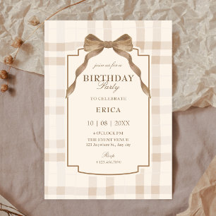 Invitation Douce anniversaire à carreaux tartan marron beige
