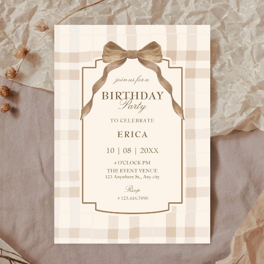 Invitation Douce anniversaire à carreaux tartan marron beige