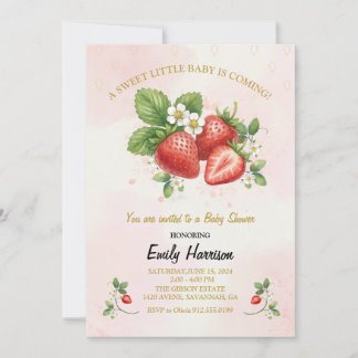 Invitation Douce baby shower à la fraise rose aquarelle