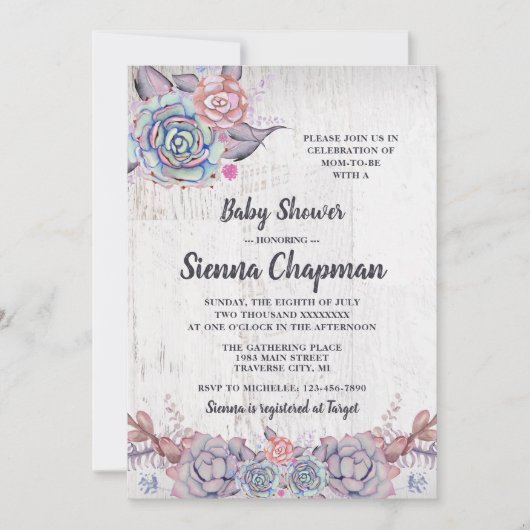 Invitation Douce Baby Shower Aquarelle Rustique de Succulente (Devant)