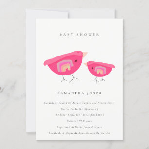 Invitation Douce Baby Shower Arc-en-Ciel Rose Oiseau Dessiné 