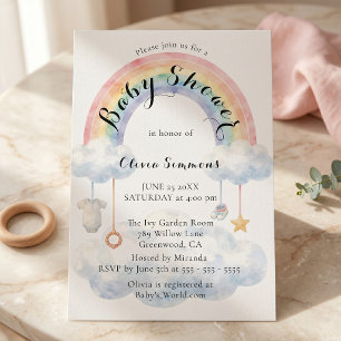 Invitation Douce Baby Shower aux Nuages et Arc-en-ciel Aquare