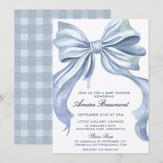 Invitation Douce Baby Shower avec un Nœud Bleu et Gingham (Devant / Derrière)