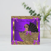Invitation Douce Baby Shower Bébé Fille Léopard Violet Rose (Debout devant)