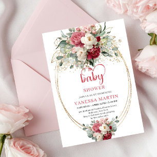 Invitation Douce Baby Shower Bohème Rubis Rouge Blush Or
