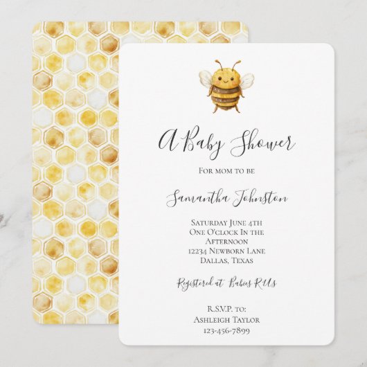 Invitation Douce Baby Shower d'Abeille (Devant / Derrière)