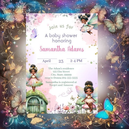Invitation Douce Baby Shower Fée Afro-Américaine  