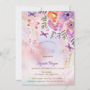 Invitation Douce Baby Shower Fleurs Arc-en-ciel Papillons