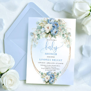 Invitation Douce Baby Shower Fleurs Pivoines Bleu Clair et Fe