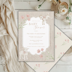 Invitation Douce Baby Shower Florale Vintage d'Agneau