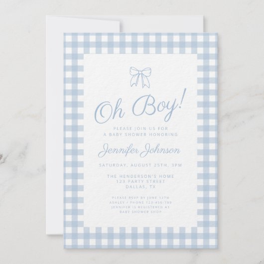Invitation Douce Baby Shower Garçon avec Nœud Gingham Bleu (Devant)