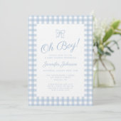 Invitation Douce Baby Shower Garçon avec Nœud Gingham Bleu (Debout devant)