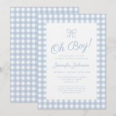 Invitation Douce Baby Shower Garçon avec Nœud Gingham Bleu (Devant / Derrière)