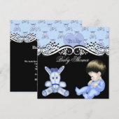 Invitation Douce Baby Shower Garçon Bébé Bleu Noir Blanc (Devant / Derrière)