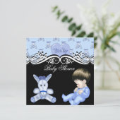 Invitation Douce Baby Shower Garçon Bébé Bleu Noir Blanc (Debout devant)