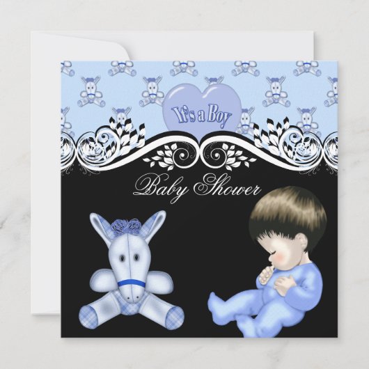 Invitation Douce Baby Shower Garçon Bébé Bleu Noir Blanc (Devant)