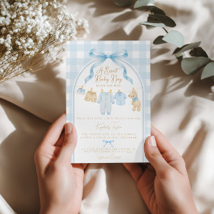 Invitation Douce Baby Shower Garçon Bleu sur une Corde à Ling