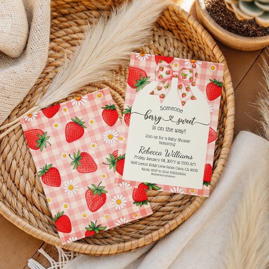 Invitation Douce Baby Shower Gingham Rustique aux Fraises