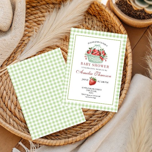 Invitation Douce Baby Shower Gingham Vert à la Fraise
