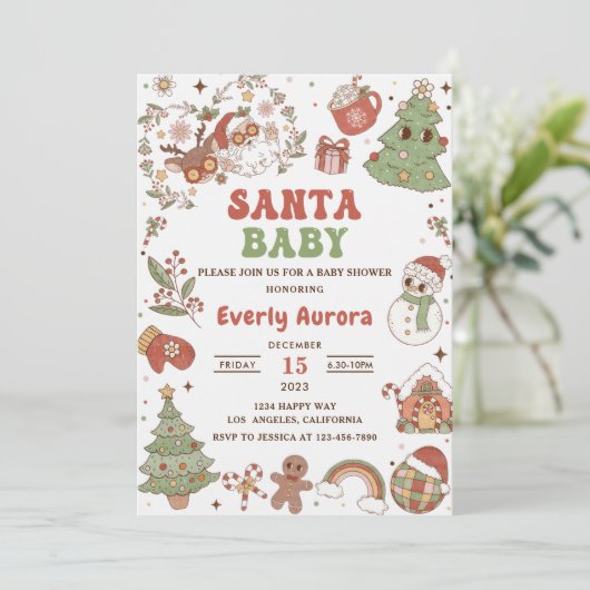 Invitation Douce Baby Shower Groovy Santa Noël (Debout devant)