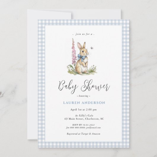 Invitation Douce Baby Shower Lapin Bleu Garçon (Devant)