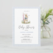 Invitation Douce Baby Shower Lapin Bleu Garçon (Debout devant)